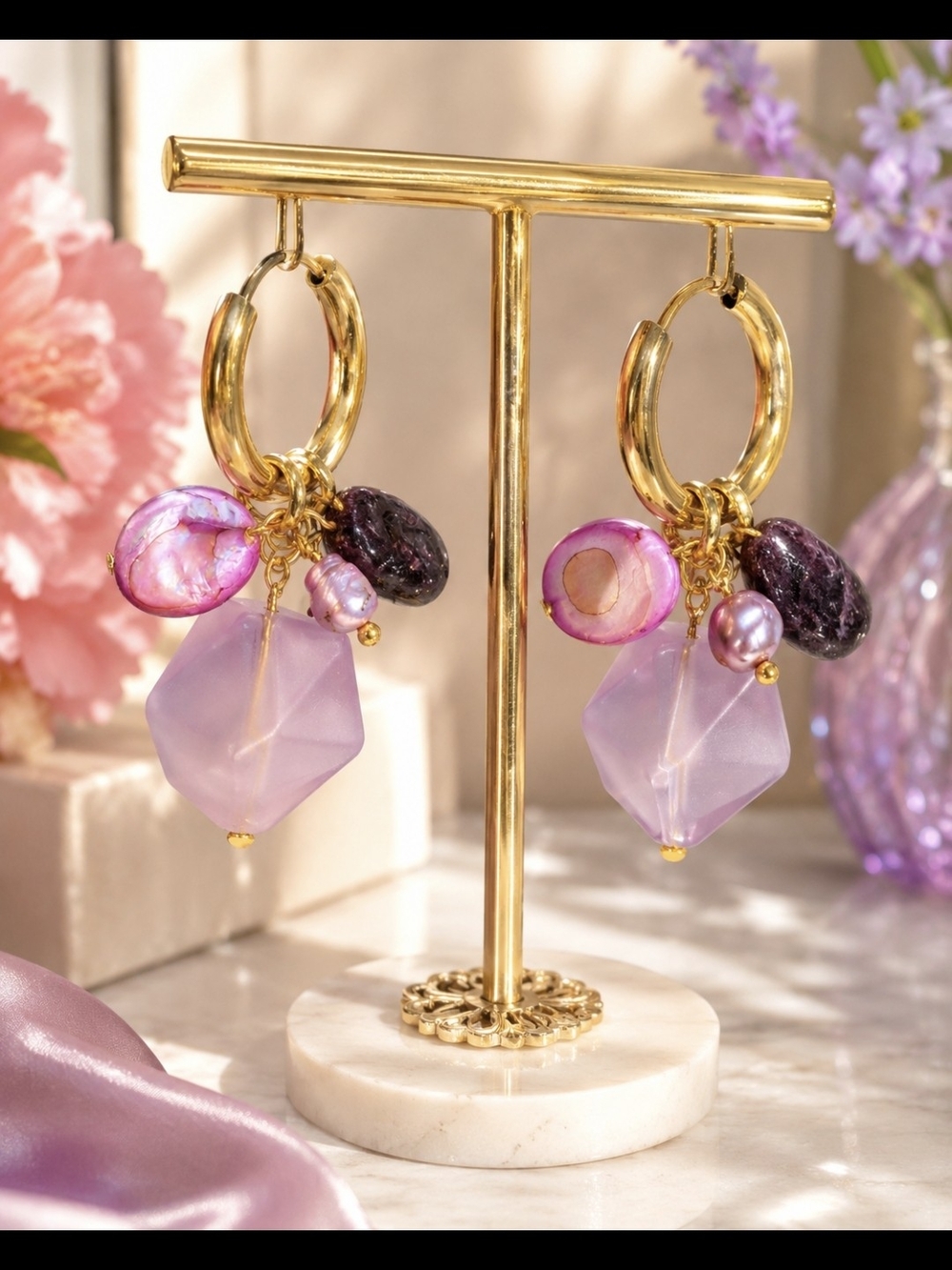 18 k Gold Plated Hoop Earrings with Semiprecious Stones. NEW